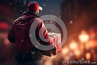 Express Shipping, courier worker delivering, shipping Christmas parcel, portrait courier Stock Photo