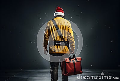 Express Shipping, courier worker delivering, shipping Christmas parcel, portrait courier Stock Photo