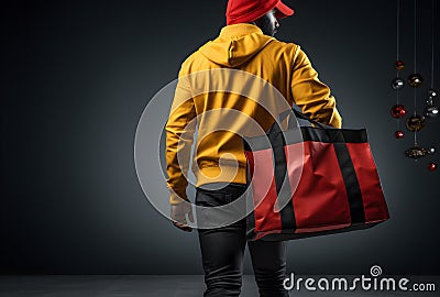 Express Shipping, courier worker delivering, shipping Christmas parcel, portrait courier Stock Photo