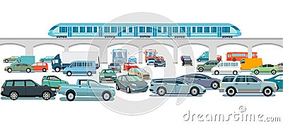 Express train and cars on the intersection Vector Illustration