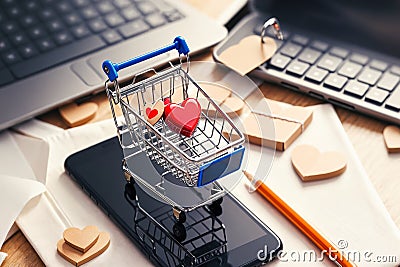 Digital Love, Online Shopping Cart on Mobile, AI Generated Stock Photo