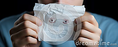 Expressing discontent, a woman presents a sad face paper for mental health feedback Stock Photo