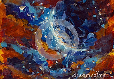 Expressionism abstract hand draw painting big moon blue planet in red clouds Stock Photo