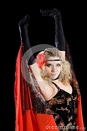 Young girl dancing classical spanish dance. Stock Photo