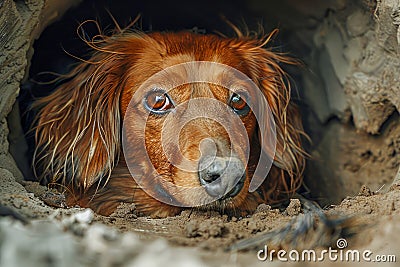 Expressive Brown Dachshund Dog Peering Out From a Sandy Cave with Bright Blue Eyes and Thoughtful Gaze Stock Photo