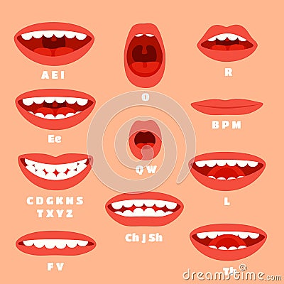 Expressive cartoon articulation mouth, lips. Lip sync animation phonemes for expression affront, speaking and talk accents vector Stock Photo