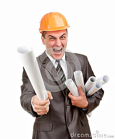 Expressive contractor with plans Stock Photo