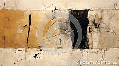 Expressive Contrasts: A Painting Of Black, White, And Brown Lines In Dark Gold And Beige Style Stock Photo