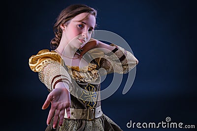 Expressive emotional princess girl in retro carnival dress. Stock Photo