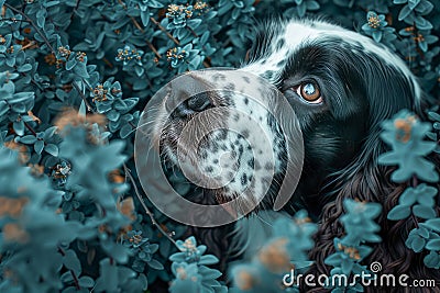 Expressive English Cocker Spaniel Gazing Through Blueish Leaves, Detailed Dog Portrait in Nature Stock Photo