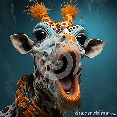 Expressive Giraffe Holding Fish: Aggressive Digital Illustration With Playful Facial Animation Stock Photo