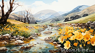 Expressive Landscape: Daffodils Along A River In Watercolor Stock Photo