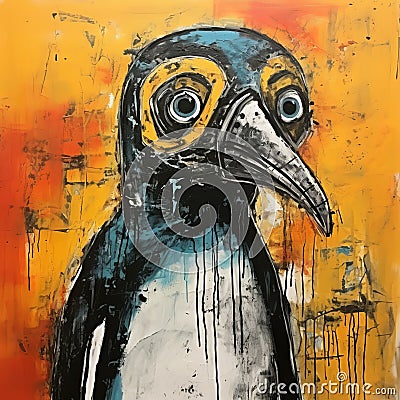 Expressive Penguin Painting On Orange - Urban Expressionism Art Stock Photo