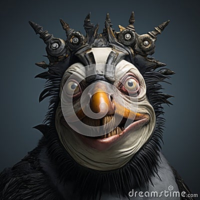 Expressive Piratepunk Penguin Holding Fish: Detailed Facial Animation In Humorous Animal Scene Stock Photo