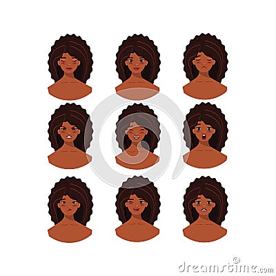 Expressive Portraits of a Black Young Girl. Vector Illustration