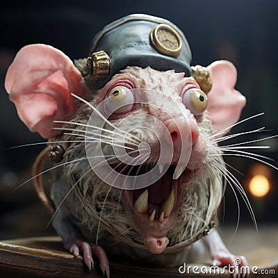 Expressive Rat Holding Fish: A Grotesque Caricature In Vray Tracing Style Stock Photo