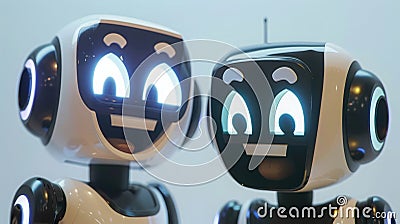 Expressive robots showcase happiness while engaging in a fun activity, highlighting a blend of joy and robotics. Robotic Stock Photo