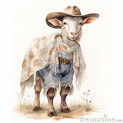 Expressive Watercolor Drawing Of A Cowboy Sheep Cartoon Illustration