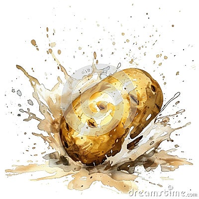 An expressive watercolor of a potato with dynamic golden splashes Stock Photo