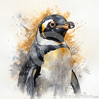 Expressive Watercolour Penguin Portrait With Textural Paint Effects Cartoon Illustration