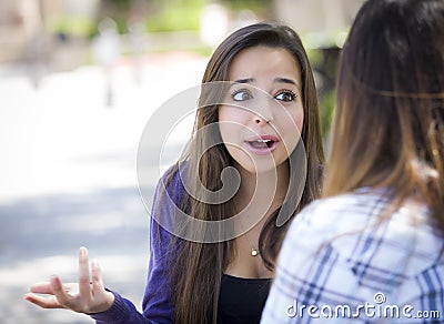 Expressive Young Mixed Race Female Sitting and Talking with Girl Stock Photo