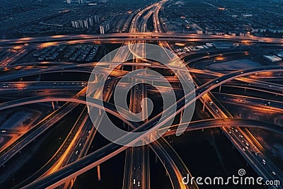 Expressway top view. Aerial view of highway multilevel junction interchange road. Generative AI Cartoon Illustration