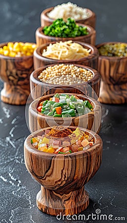 Exquisite array of gourmet spices and seasonings in wooden bowls on dark background Stock Photo