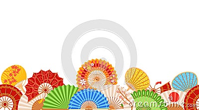 Exquisite Asian Fan Seamless Pattern. Graceful Fans In Vibrant Colors Evoking The Elegance Of The East Horizontal Border Vector Illustration