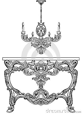 Exquisite Baroque console table and chandelier engraved. Vector French Luxury rich intricate ornamented structure Vector Illustration