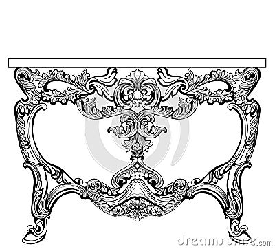 Exquisite Baroque console table engraved. Vector French Luxury rich intricate ornamented structure. Victorian Royal Vector Illustration