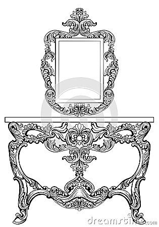 Exquisite Baroque dressing table engraved. Vector French Luxury rich intricate ornamented structure. Victorian Royal Vector Illustration
