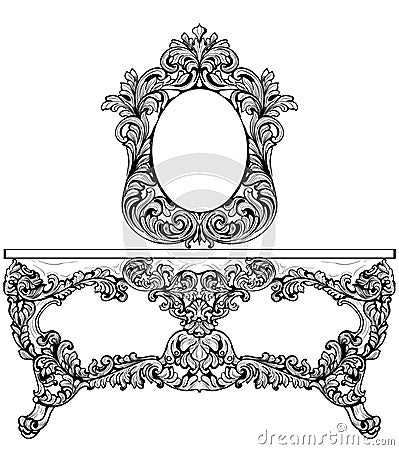 Exquisite Baroque dressing table engraved. Vector French Luxury rich intricate ornamented structure. Victorian Royal Vector Illustration