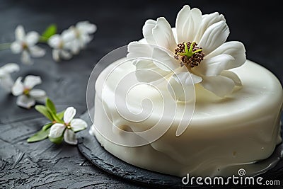 An exquisite cake featuring smooth white icing and a delicate, realistic sugar magnolia flower. Generative AI Stock Photo