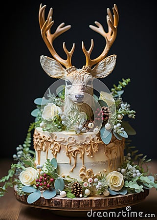 Exquisite Christmas cake, adorned with a lifelike fondant deer, roses and berries Stock Photo