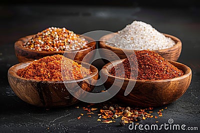 Exquisite collection of spices and seasonings in wooden bowls on dark background Stock Photo