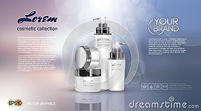 Exquisite cosmetic ads template, blank moisturizing lotions set cover mockup. Dazzling effect background. Cream, spray Vector Illustration