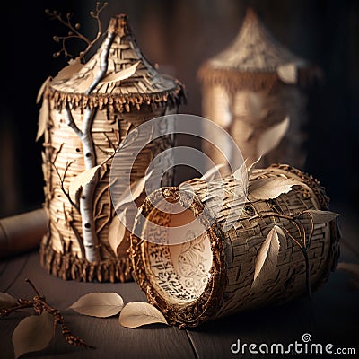 Exquisite Craftsmanship: Traditional Russian Birch Bark Products Stock Photo