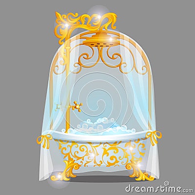 Exquisite design bath with a golden florid ornaments filled with water with foam isolated on a grey background. Idea of Vector Illustration