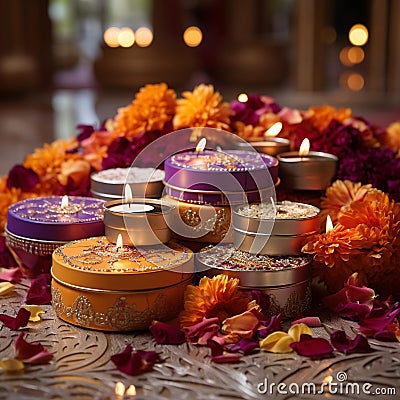 Exquisite Diwali Gift Arrangement with Vibrant Marigold Petals Stock Photo