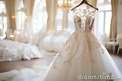 Exquisite and elegant collection of luxury bridal dresses displayed on hangers in a boutique salon Stock Photo