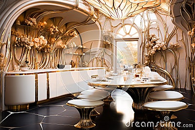 exquisite expensive kitchen made of marble, mother of pearl and gold with inlay Stock Photo