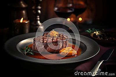 An Exquisite Expensive Steak on a Plate of Opulence. Generative AI Stock Photo