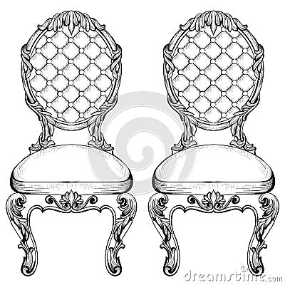 Exquisite Fabulous Imperial Baroque chairs in luxurious fabric ornament. Vector French Luxury rich intricate structure Vector Illustration