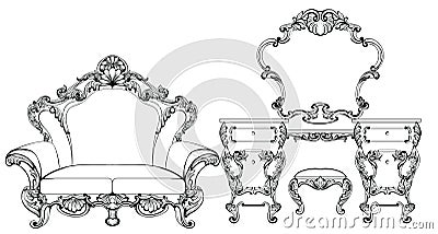 Exquisite Fabulous Imperial Baroque furniture and dressing table engraved. Vector French Luxury rich intricate Vector Illustration