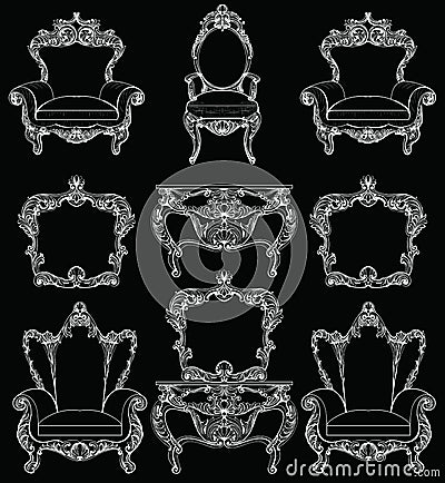 Exquisite Fabulous Imperial Baroque furniture set engraved. Vector French Luxury rich intricate ornamented structure Vector Illustration