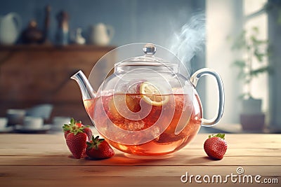 Exquisite glass teapot with tea leaves, lemon slices and ice cubes stands on wooden table. Steaming transparent teapot with Stock Photo