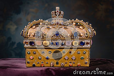 Exquisite Gold Crown Adorned With Stunning Jewels, A gift box masquerading as a royal crown, studded with gemstones, AI Generated Stock Photo