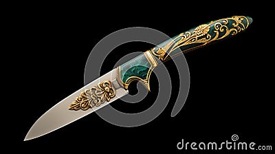 Exquisite Golden Carved Knife With Emerald Inlays Stock Photo