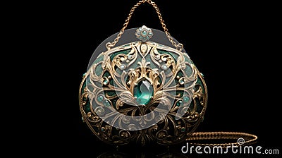 Exquisite Golden Chain Purse With Emerald And Green Stone Inlays Stock Photo
