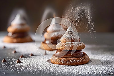 Exquisite Gourmet Chocolate Meringue Towers Sprinkled with Powdered Sugar on Artisan Kitchen Table Stock Photo